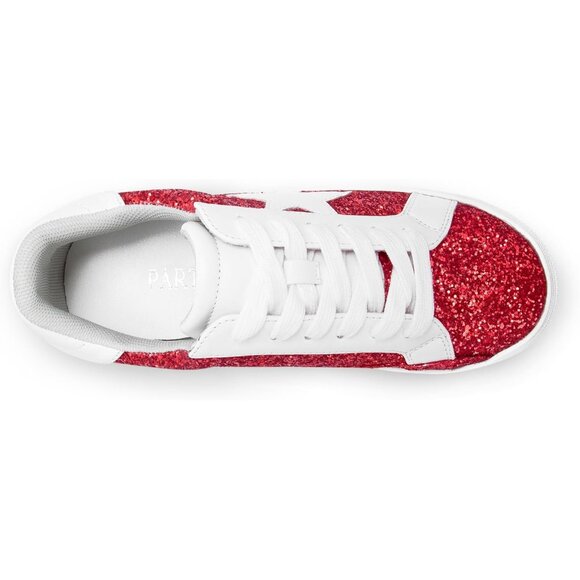 Women's Red Rhinestone Glitter Star Low Top Comfortable Walking Sneakers Shoes - Picture 4 of 6